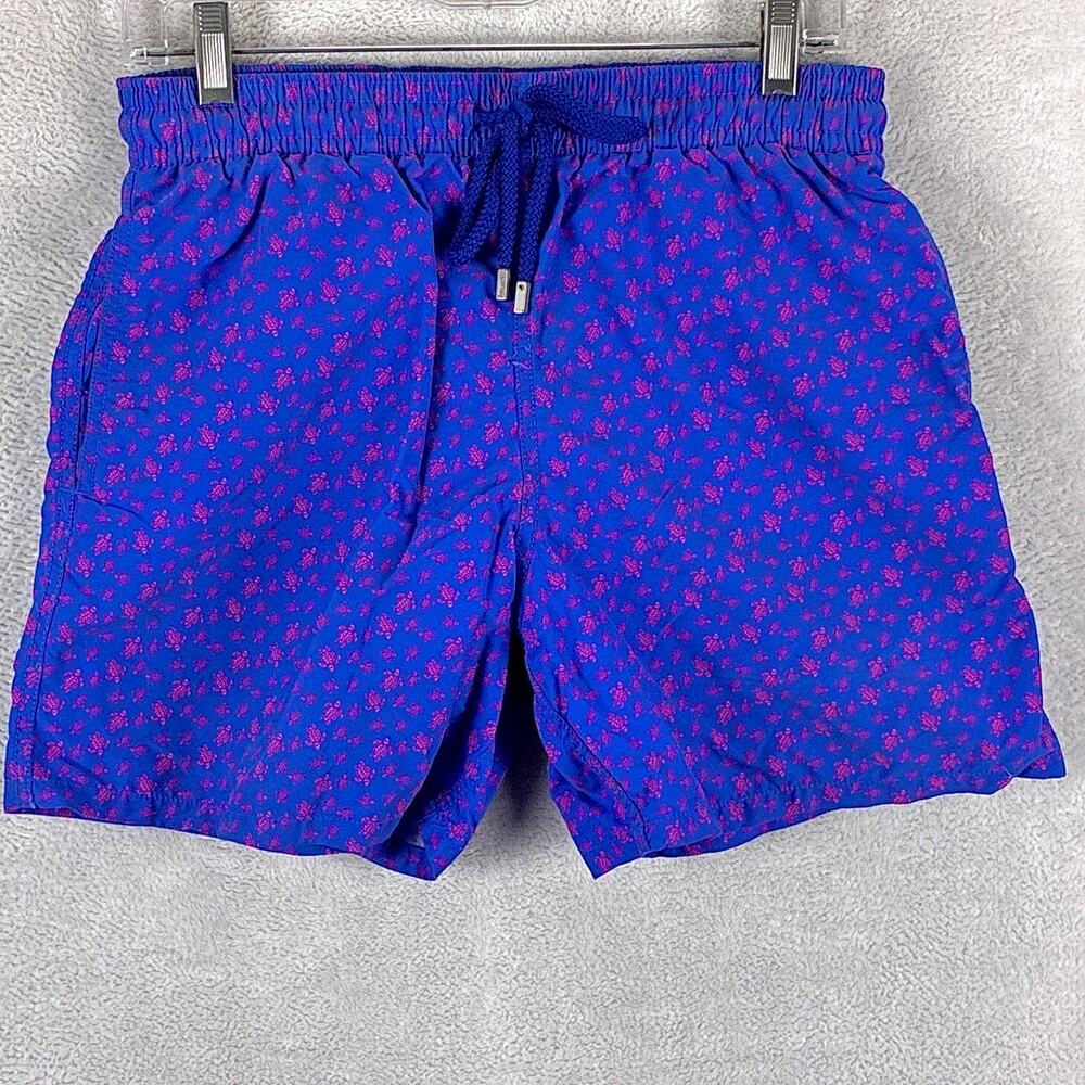 Vilebrequin Swim Trunks Men M Blue Pink Micro Turtle AOP Drawstring Luxury Beach